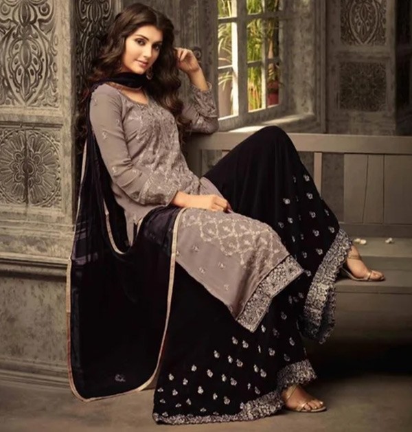 Semi Stitched Georgette Kurta & black Sharara Fabric Embroidered