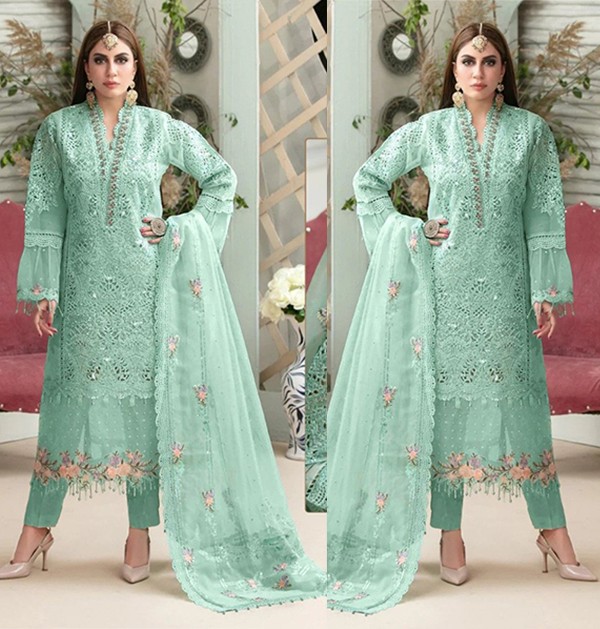 Unstitched Party Wear Ladies Designer Pakistani Green Suits-front
