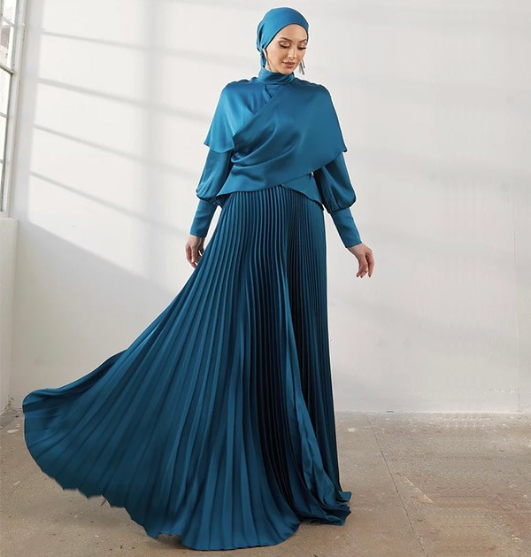 Long Sleeve Satin A-Line Gown in Blue Lyst