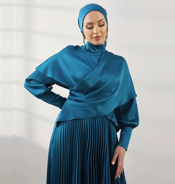 Long Sleeve Satin A-Line Gown in Blue Lyst
