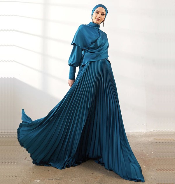 Long Sleeve Satin A-Line Gown in Blue Lyst