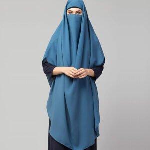 Free Size Blue Khimar With Smocking Sleeves and Adjustable Mouth