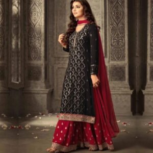 Semi Stitched Georgette Maroon and Black Kurta & Sharara