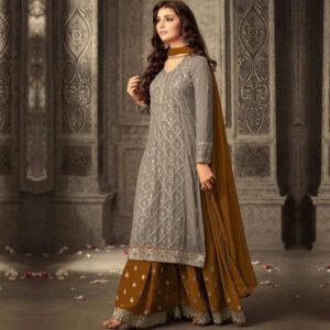 Semi Stitched Georgette Sepia and Smokey Tan Kurta & Sharara Fabric Embroidered-1