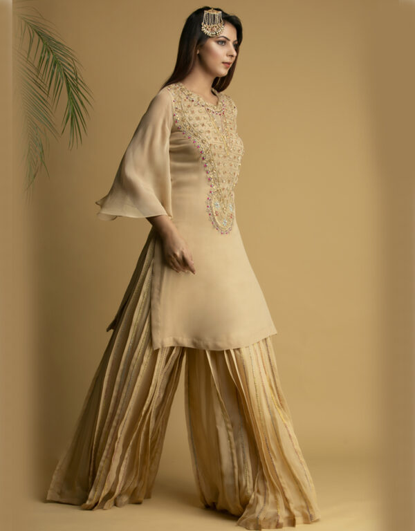 Beige Pakistani Embellished Sharara Suit