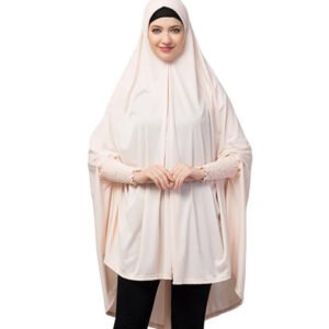 "Pray in comfort with our Stretchable Baby Pink Khimar Hijab featuring smocked sleeves. Soft, versatile, and perfect for prayer."