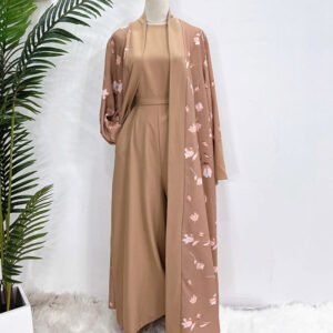 Dubai Cardigan Dress Open Abaya with Jumpsuit khaki cardigan color