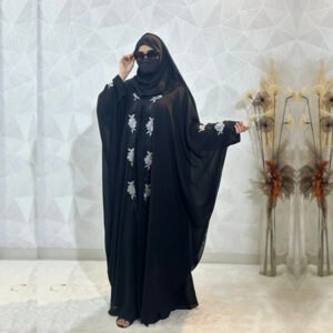 Indonesian Heavy Diamond Chiffon Navy Abaya Burqa Floral Elegance