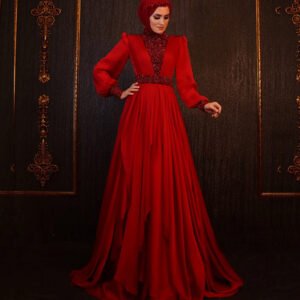 Sparkling Evening Dress with Hijab Red