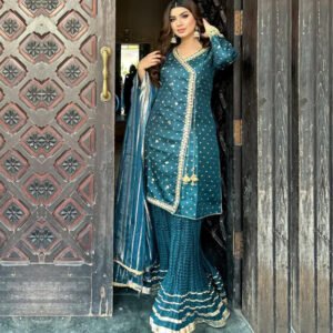 Islamic Fashion Organza Blue Color Sharara Suit-2