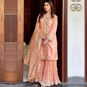 Islamic Fashion Zari Line Organza Sharara Suit