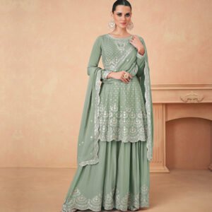 Lime green chinon sequence embroidery work salwar suit with dupatta