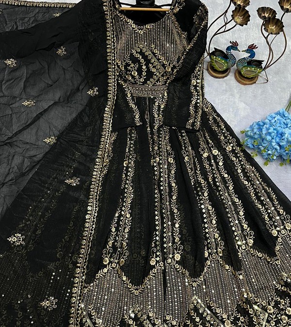 Black Crunchy Silk Lace Embroidery Work Gown-1