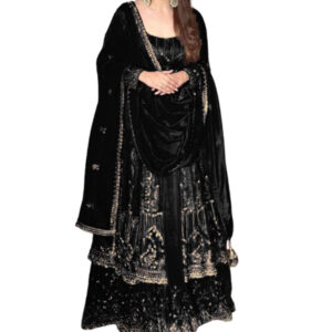 Black Crunchy Silk Lace Embroidery Work Gown
