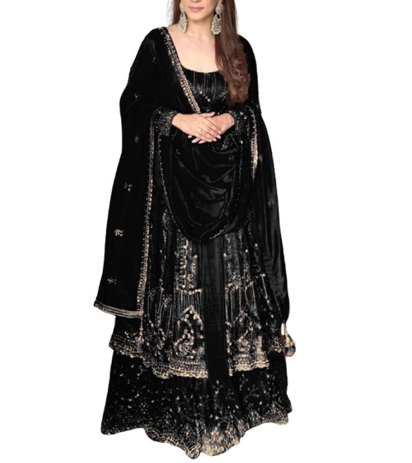 Black Crunchy Silk Lace Embroidery Work Gown