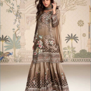 Fancy Printed Chinon Silk Kurti Sharara Set Brown