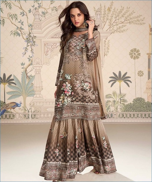 Fancy Printed Chinon Silk Kurti Sharara Set Brown