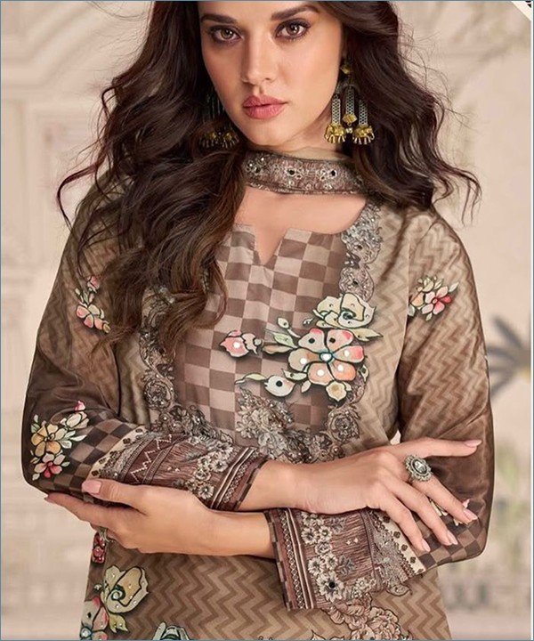 Fancy Printed Chinon Silk Kurti Sharara Set Brown - Image 2