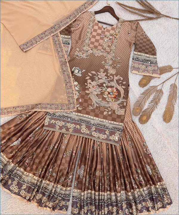 Fancy Printed Chinon Silk Kurti Sharara Set Brown - Image 3