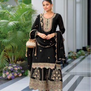 Floral Embroidered Thread Work Chinon Straight Kurta With Sharara & Dupatta