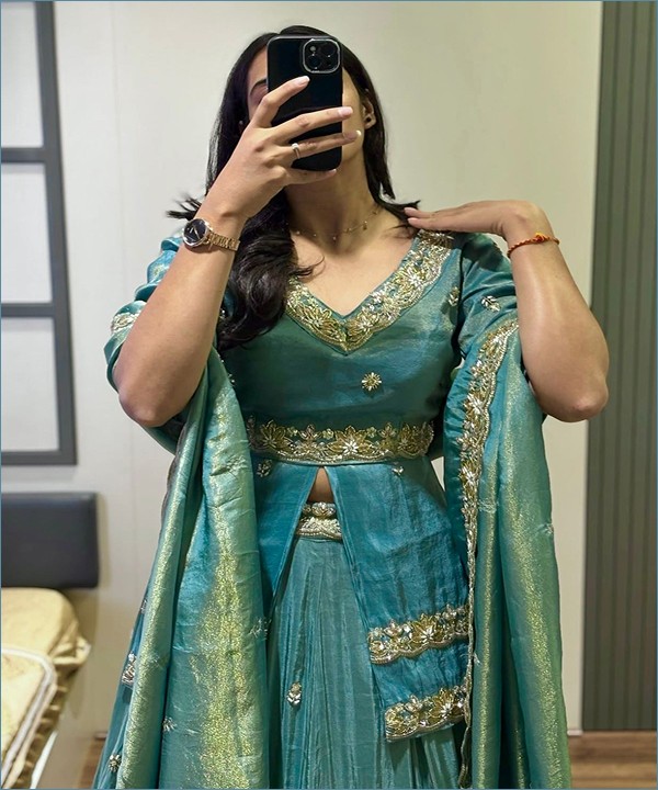 Wedding Wear Chinon Silk Lehenga Choli Set with Sequence Work - Image 3