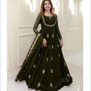 Mehandi-color Georgette Embroidery Work Gown