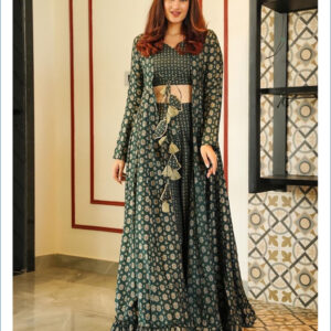 Deep-Green Muslin Digital Printed Indo-western Suit with Flared Long Jacket