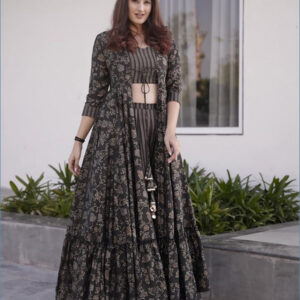 Deep-Green Muslin Digital Printed Indo-western Suit with Flared Long Jacket black