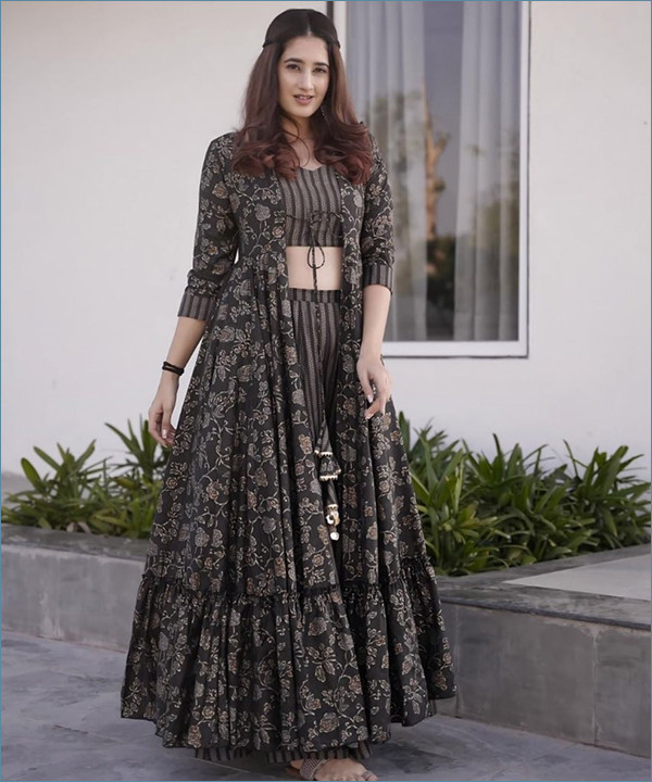 Deep-Green Muslin Digital Printed Indo-western Suit with Flared Long Jacket black