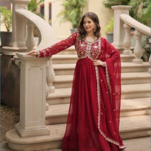 Faux Blooming Embroidered Work Gown Red Colour 4