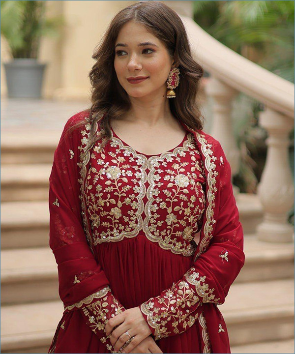 Faux Blooming Embroidered Work Gown Red Colour - Image 4