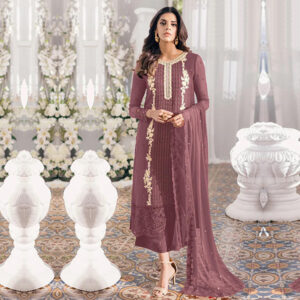 Georgette Embroidered Purpal Color Straight Cut Palazzo Suit