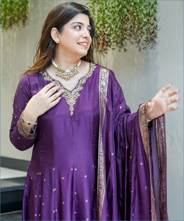 Noor-e-Banarasi Chanderi Anarkali Set Purple Colour - Image 2