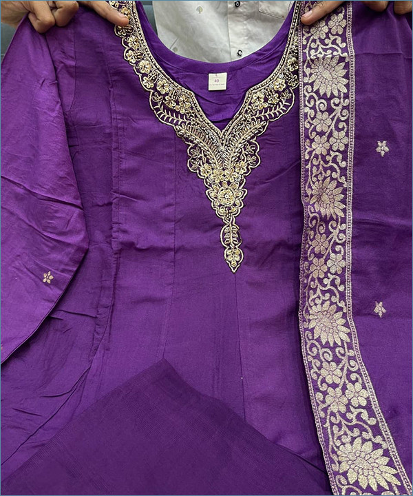 Noor-e-Banarasi Chanderi Anarkali Set Purple Colour - Image 4