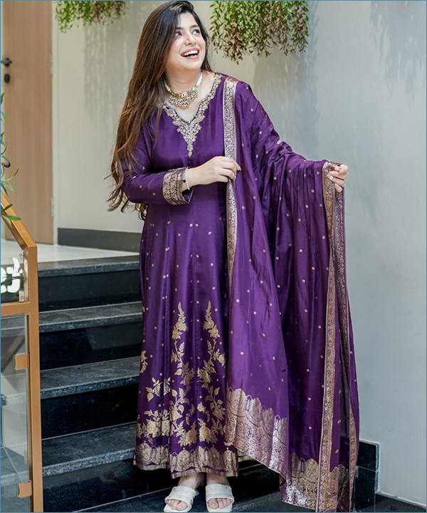 Noor-e-Banarasi Chanderi Anarkali Set Purple Colour - Image 5